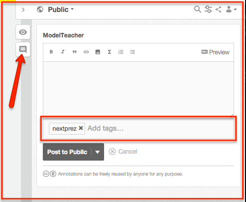 Create a page-level annotation by clicking the "Note" icon on the sidebar and add "nextprez" in the tag field.