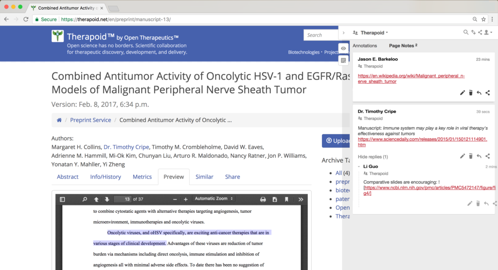 Screenshot of Open Therapeutics preprint with annotations.