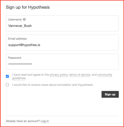 Form to sign up for a Hypothesis account with all required info entered 