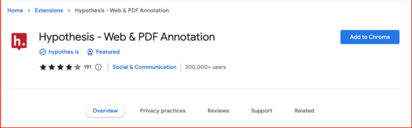 Screenshot of the Hypothesis extension page at the Chrome Web Store