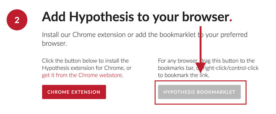 Screenshot of Get Started page with arrow pointing to the Hypothesis Bookmarklet button