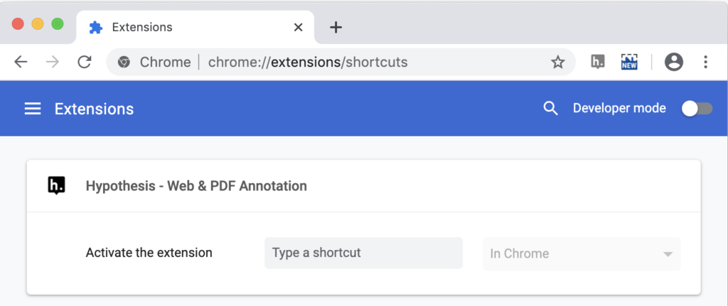 screenshot of the Chrome extensions shortcuts page