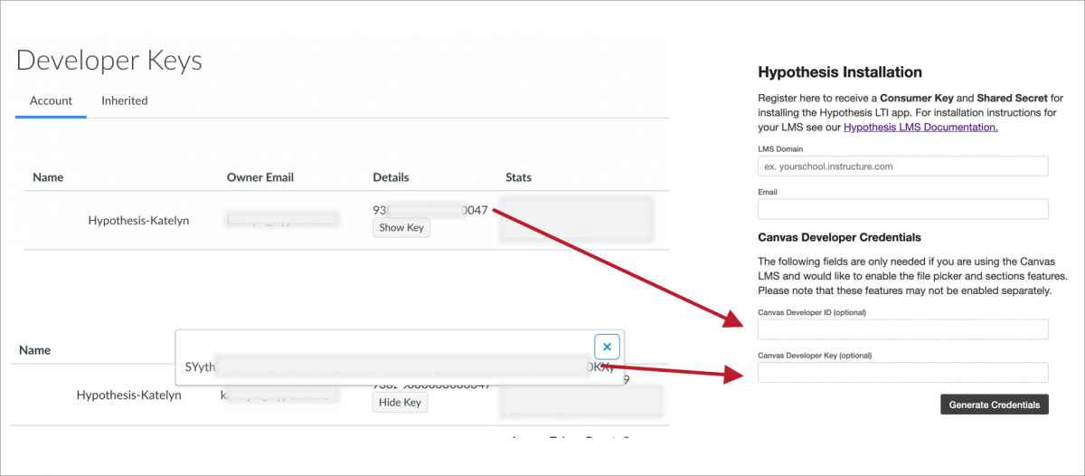 Creating Canvas Developer Credentials for the Hypothesis LMS App