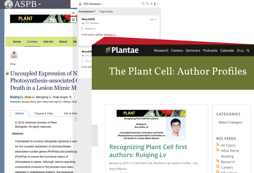 Screenshot of an annotation on an article in ASPB's The Plant Cell journal linking to a biography of one of the article's authors.