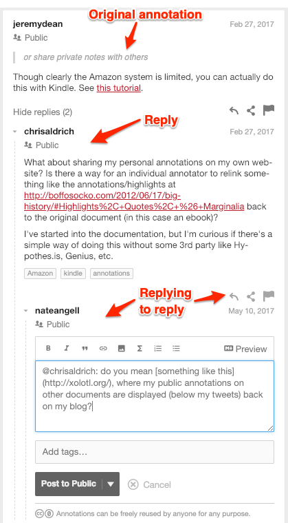 Screenshot of annotation with reply thread.