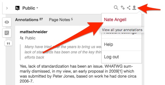 Screenshot showing how to click on your username in the Hypothesis sidebar to reach your profile.