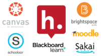 HypothesisLMSs The Hypothesis Logo, circled by logos for Blackboard Learn, D2L Brightspace, Instructure Canvas, Moodle, Sakai, & Schoology.