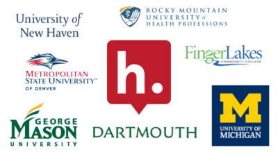 The Hypothesis logo surrounded by logos for Dartmouth College, Finger Lakes Community College, George Mason University, Metropolitan State University of Denver, Rocky Mountain University of Health Professions, University of Michigan, and University of New Haven.