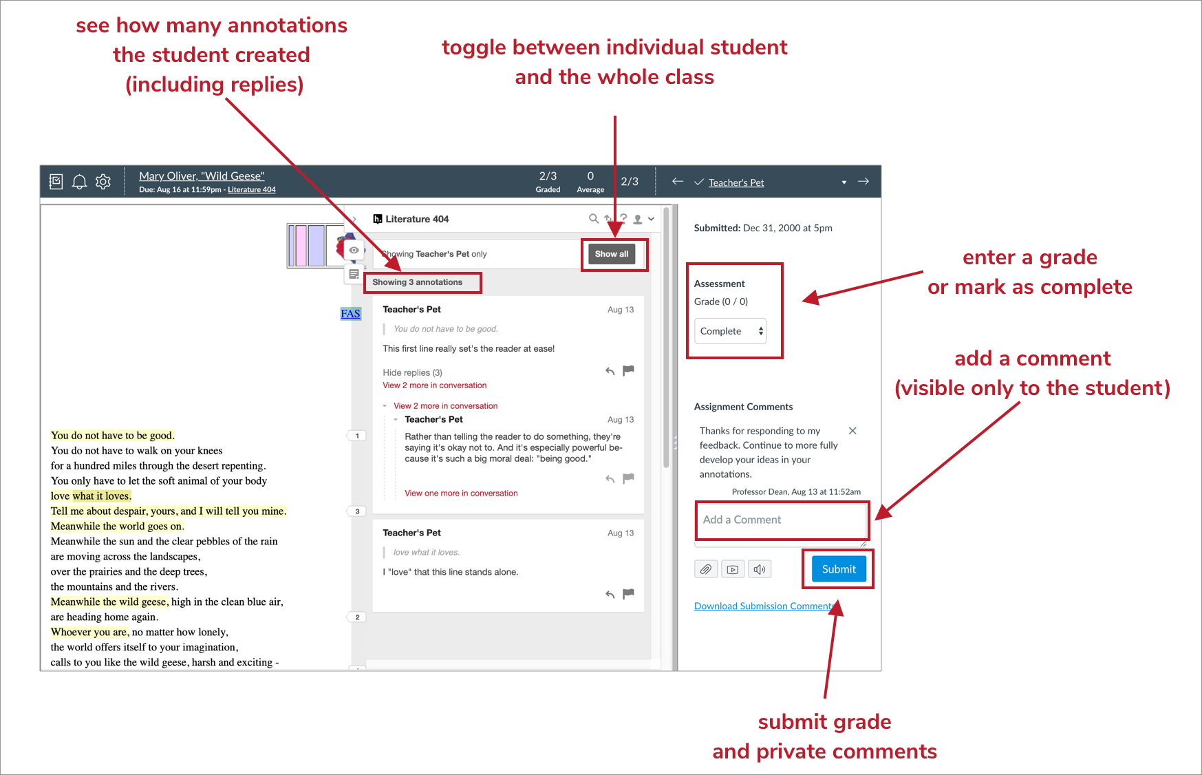 Annotated diagram of the Hypothesis sidebar and SpeedGrader interface