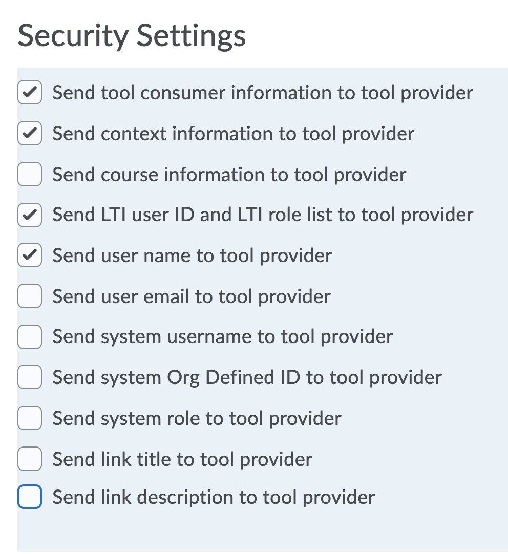 Security Settings checkboxes