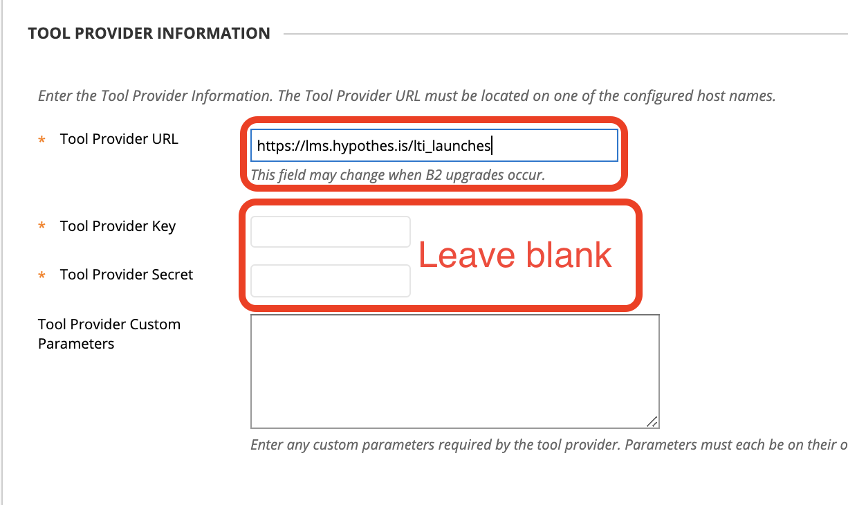 Tool Provider configuration screen