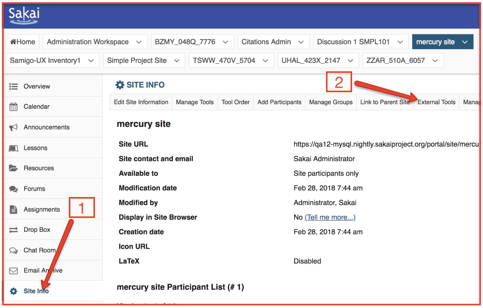 Location of Sakai Site Info - External Tools tab