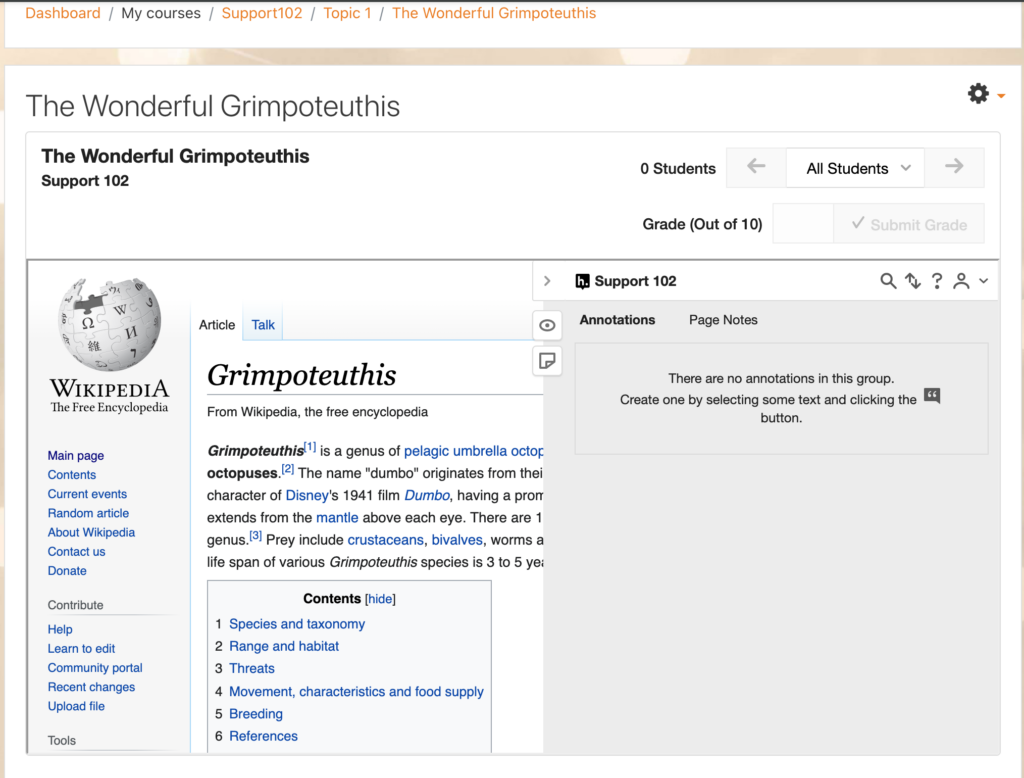 Example Hypothesis reading in Moodle