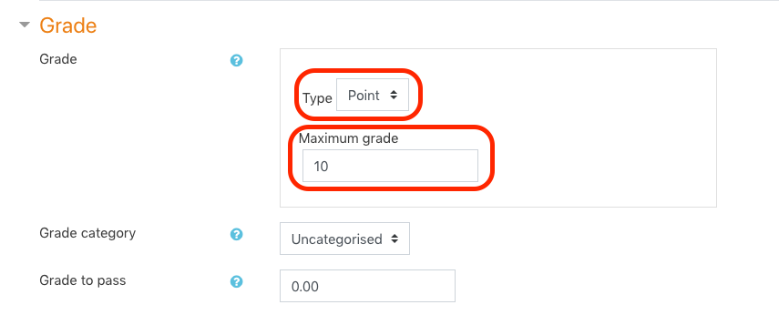 Location of grade "Type" and "Maximum points"