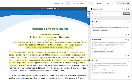 Screenshot of the Hypothesis annotation grading view in Blackboard Learn.