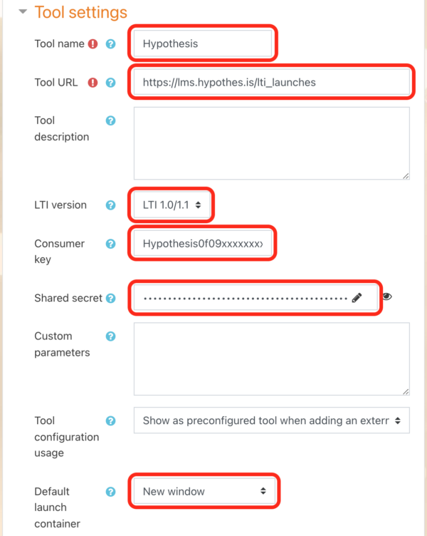 Moodle Tool Settings