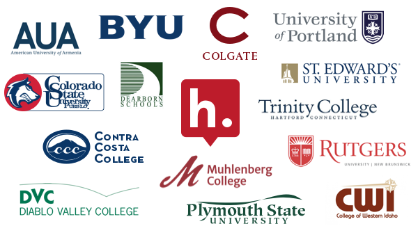 The Hypothesis logo surrounded by logos for 14 educational institutions: American University of Armenia, Brigham Young University, Colgate University, College of Western Idaho, Colorado State University-Pueblo, Contra Costa College, Dearborn Public Schools, Diablo Valley College, Muhlenberg College, Plymouth State University, Rutgers University, St. Edward’s University, Trinity College, and University of Portland.