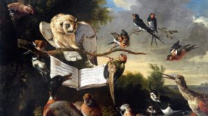 1670 oil painting of a variety of birds gathered around a music book, open on a branch in the trees, with a large white owl perched right above the book and clouds in the distant sky. Image Credit: The Concert of Birds (https://commons.wikimedia.org/wiki/File:Hondecoeter,_Melchior_d%27_-_Das_Vogelkonzert_-_1670.jpg) by Melchior d'Hondecoeter, public domain, via Wikimedia Commons.