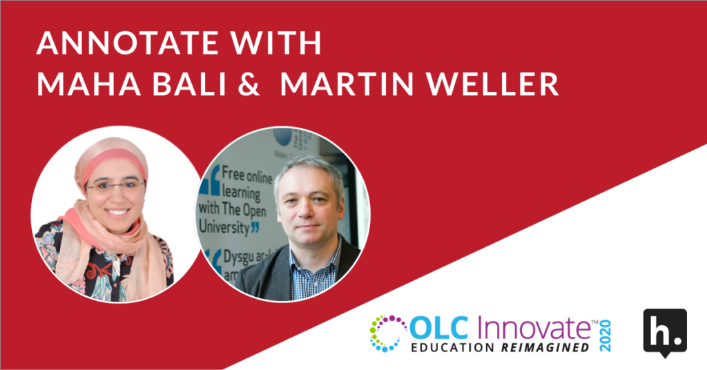 Annotate with Maha Bali & Martin Weller: their headshots and an OLC Innovate 2020 logo.