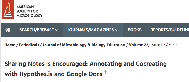 Screenshot of American Society of Microbiology article entitled "Sharing Notes Is Encouraged: Annotating and Cocreating with Hypothes.is and Google Docs"