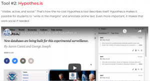 Screenshot of TCEA article entitled "Note-Taking and Outlining: Five Digital Helpers" with an image of the Hypothesis social annotation tool in action