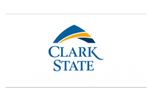 Clark State College logo in sky blue, gold and navy with the words Clark State