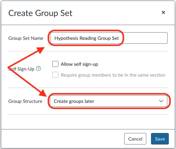 Create Group Set configuration window