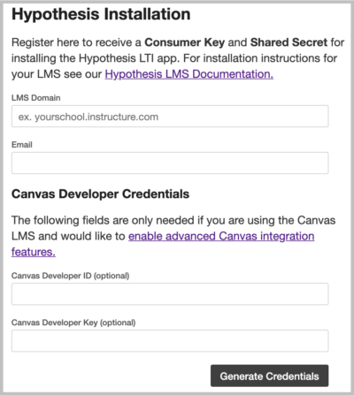 Form presented for generating Hypothesis credentials