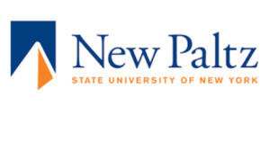 SUNY New Paltz logo on white background with blue lettering saying New Paltz and underneath that orange lettering spelling out State University of New York & with a blue, white and orange illustration of a pyramid-shaped image