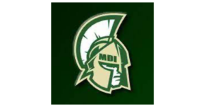 Mount Desert Island High School logo in green, yellow and white trojan soldier set against a forest green background and with MDI on their helmet
