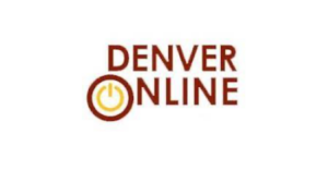 Denver Online High School logo with name of school in maroon uppercase letters with a yellow electronic-looking on-off switch inside the O in Online
