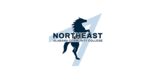 Northeast Alabama Community College logo with a pale blue single star point and in front of that a horse rearing up and in front of that the name of the school in uppercase letters
