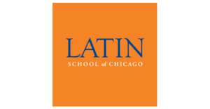 Latin School of Chicago logo on orange background with name of school in blue and white