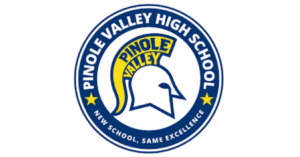 White, blue and gold Pinole Valley High School logo with a helmeted Spartan warrior in profile with Pinole Valley written in the warrior's headdress, and the warrior image encircled in blue with the words Pinole Valley High School and New School, Same Excellence written in the circle.