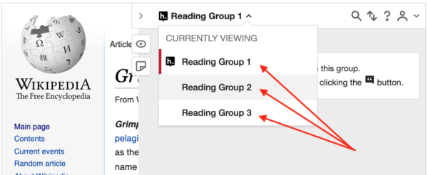 Location of group drop-down in Hypothesis sidebar