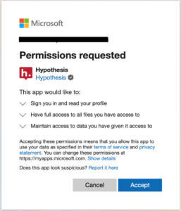 Microsoft request authorization dialog window