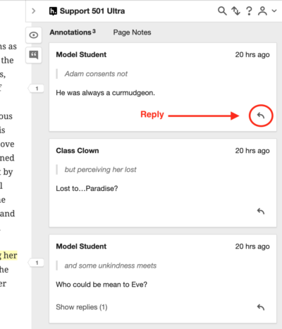 Location of Reply button on annotation card