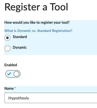 Image of Standard Registration selected and Name field filled in