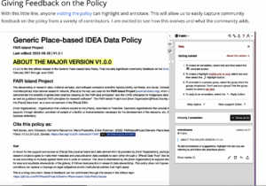 screenshot of Hypothesis annotation tool open beside text called "Generic Place-based IDEA Data Policy"