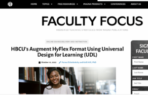Screenshot of Faculty Focus article "HBCU’s Augment HyFlex Format Using Universal Design for Learning (UDL)" with a picture of a smiling student holding a stack of books in a library
