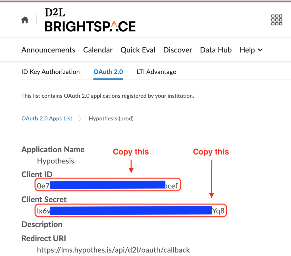 Register a new D2L Brightspace OAuth 2.0 app integration for an(02)