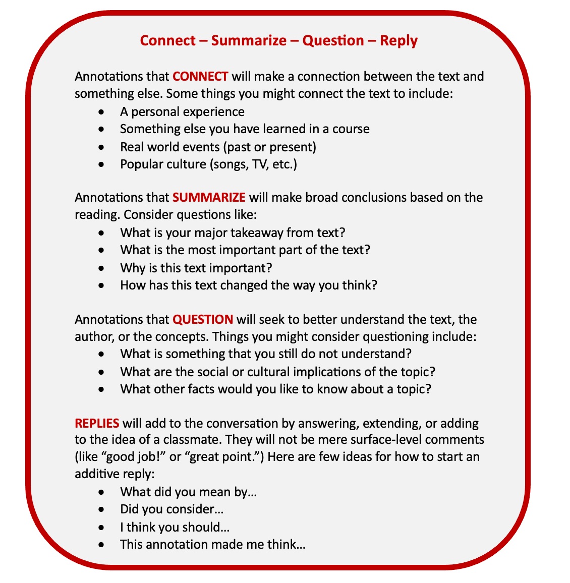 Connect – Summarize – Question – Reply Annotation Assignment ...